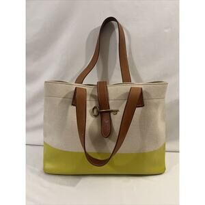 Fossil Austin Fab Shopper Tote Citrus Yellow Tan Coated Canvas Book Beach Bag